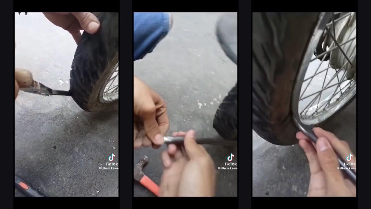 Pemotor Ini Dapatkan Ranjau Linggis Pada Ban Motornya