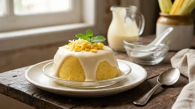 Ilustrasi Puding Jagung Manis dengan Saus Vla Vanila