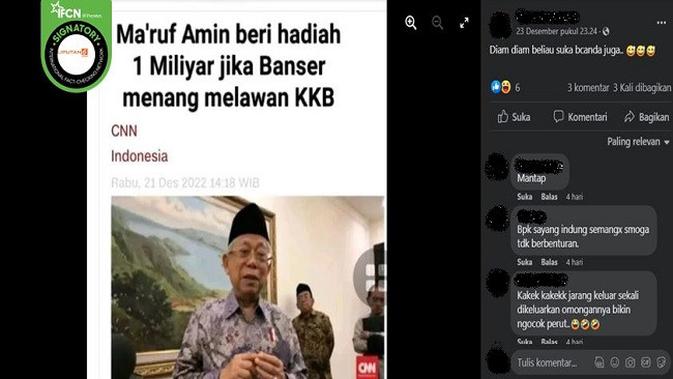<p>Gambar Tangkapan Layar Informasi Hoaks Wapres Ma'ruf Amin akan Beri Hadiah Rp 1 Miliar Jika Banser Menang Lawan KKB (sumber: Facebook).</p>