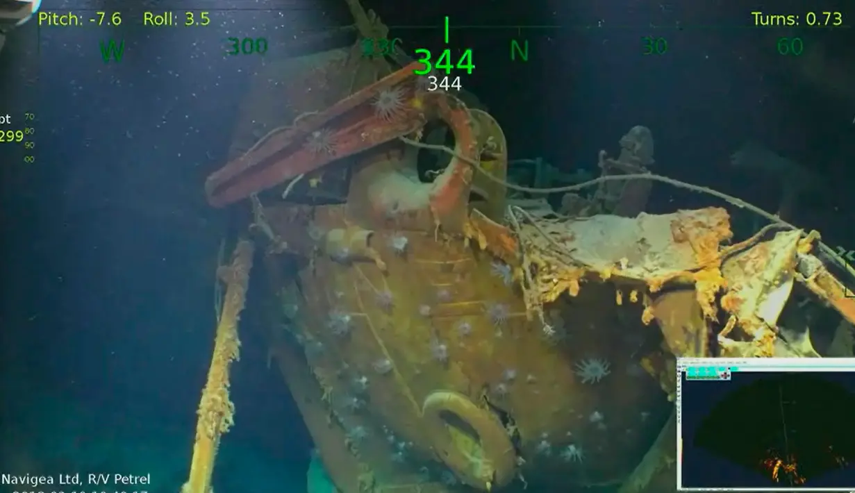 Reruntuhan bangkai kapal induk Amerika Serikat (AS), USS Juneau, dari era Perang Dunia II di dekat perairan Kepulauan Solomon, 19 Maret 2018. Kapal yang membawa lebih dari 600 orang itu tenggelam, setelah tertembak dua buah torpedo. (Paul G. Allen via AP)