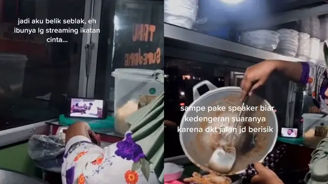 Seorang ibu streaming sinetron pakai ponsel di dekat kompor.