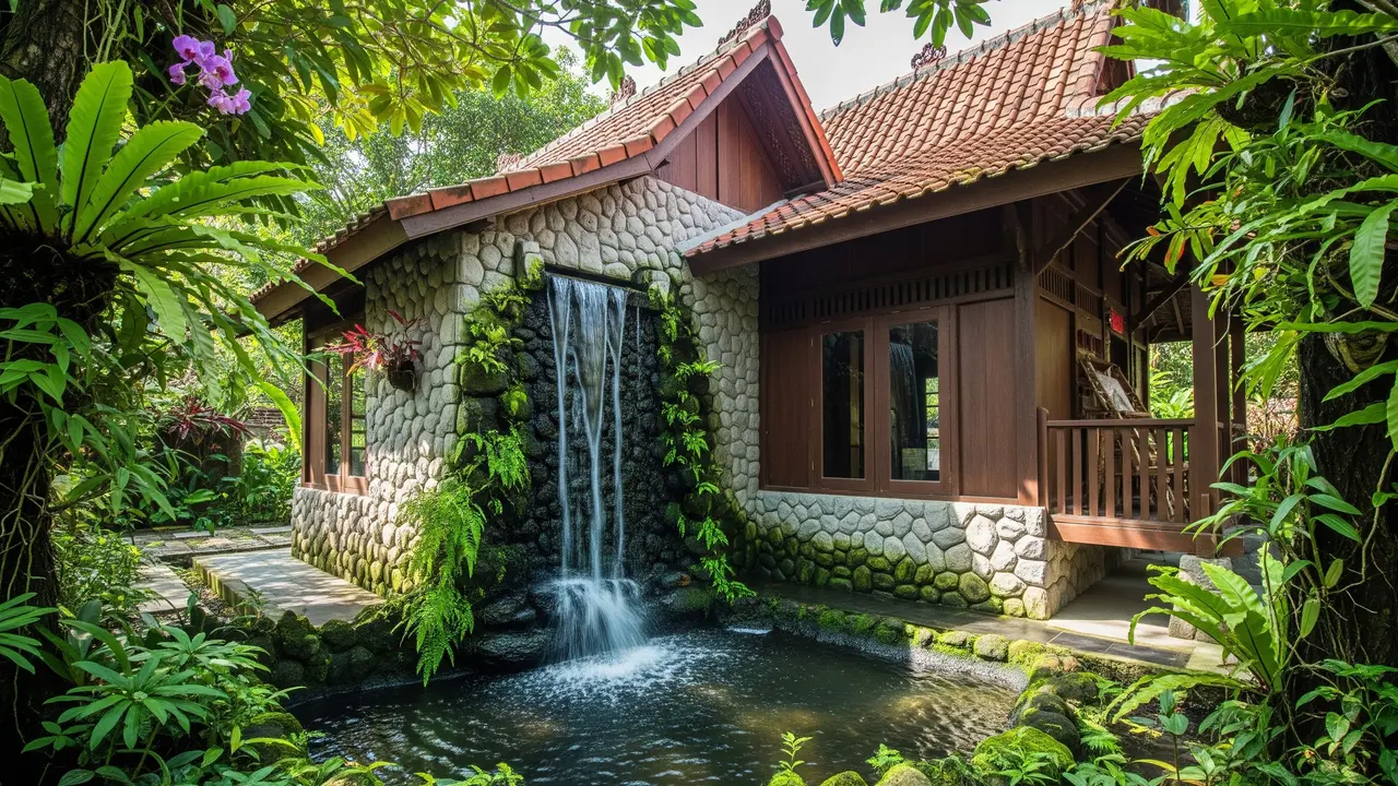Desain Rumah Kecil dengan Air Terjun Mini di Dinding