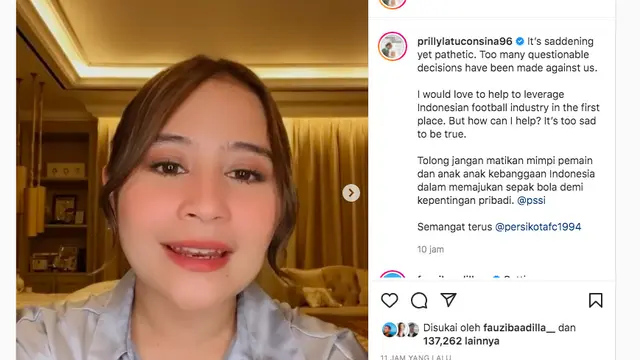 Prilly Latuconsina Sedih dengan Kondisi Sepak Bola Indonesia. (instagram.com/prillylatuconsina96)
