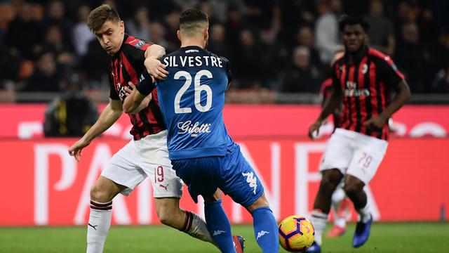 Striker AC Milan, Krzysztof Piatek, berusaha melewati bek Empoli, Matias Silvestre, pada laga Serie A. (AFP/Marco Bertorello)