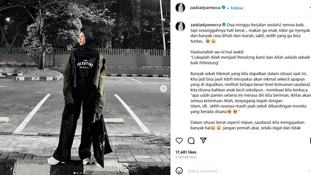 Unggahan Zaskia Adya Mecca. (Instagram/ zaskiadyamecca)