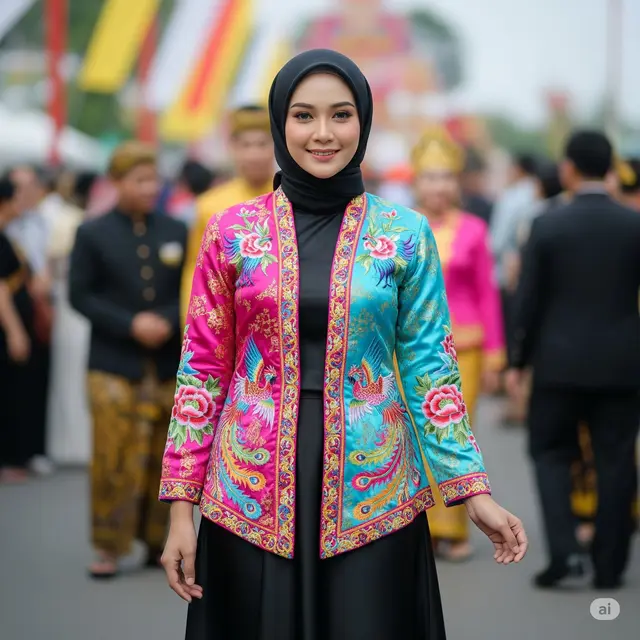 Kebaya Encim Warna Cerah + Rok Satin Hitam