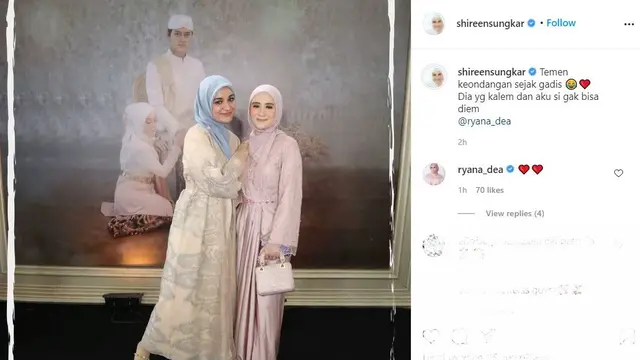 Shireen Sungkar dan Ryana Dea di tasyakuran pernikahan Lesti Kejora dan Rizky Billar. (Instagram/ shireensungkar)