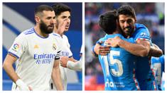 Karim Benzema dan Luis Suarez masing-masing mencetak 1 gol untuk timnya dalam kemenangan identik 3-0 atas lawan-lawannya di Liga panyol, Sabtu (19/2/2022). Real Madrid membungkam Alaves untuk tetap di puncak, Atletico Madrid membekap Osasuna untuk amankan posisi 4. (Kolase AFP dan AP)