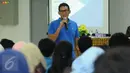 Cawagub DKI Jakarta, Sandiaga S Uno saat memberi motivasi pada seminar entrepreneur #jadipengusahasebelumwisuda di Jakarta, Rabu (29/3). Sandi berharap mahasiswa mampu menciptakan lapangan kerja baru setelah lulus. (Liputan6.com/Helmi Fithriansyah)