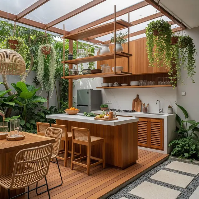 Ide Dapur Semi Outdoor dengan Taman Belakang