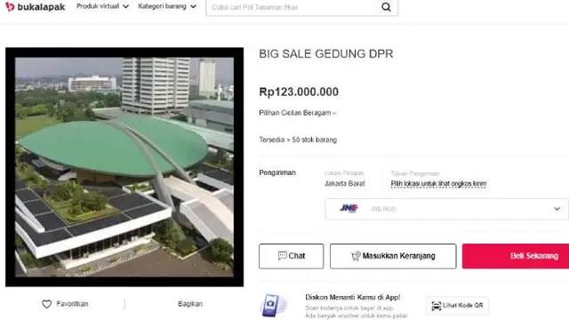 Gedung DPR Beserta Isinya Dijual di E-commerce. Dok: tangkapan layar dari laman Bukalapak