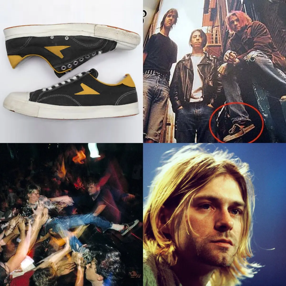 Sesi foto Nirvana ketika mendiang Kurt Cobain memakai sepatu Bata. (Twitter)