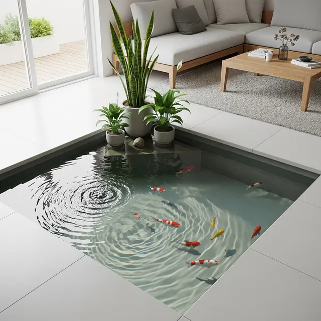 model kolam ikan di ruang tengah yang minimalis