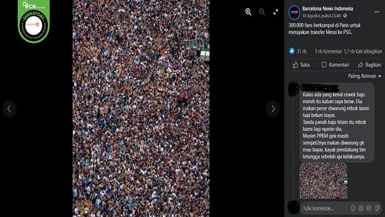 Gambar Tangkapan Layar Foto yang Diklaim 300 Ribu fans Rayakan Transfer Lionel Messi ke PSG (sumber: Facebook).