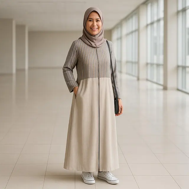 Model Gamis Lurik Kombinasi Polos Terbaru untuk Ibu-Ibu Usia 40 Tahun/via ChatGPT