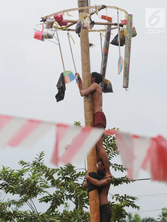 Peserta berhasill menggapai puncak pohon pinang yang dipenuhi hadiah saat lomba panjat pinang di Perumahan Griya Pamulang 2, Tangsel, Jumat (17/8). Lomba yang diselengarakan Bina Remaja ini dalam rangka memeriahkan HUT Ke-73 RI. (Merdeka.com/Dwi narwoko)