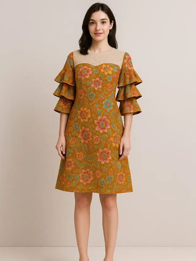 Model Batik Brokat Kombinasi Lengan Tiga Lapis