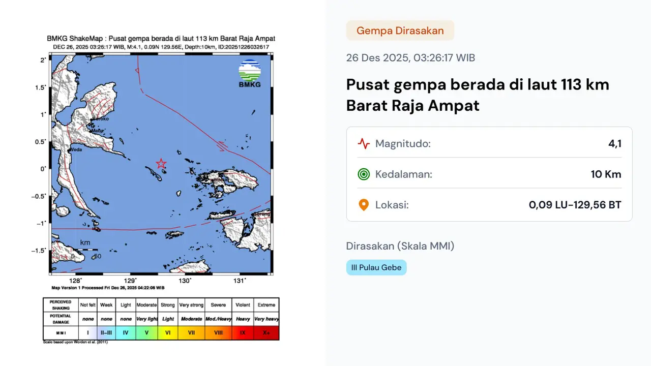 Gempa hari ini saat cuti bersama Natal, Jumat (26/12/2025) menggetarkan pukul 03:26:17 WIB di wilayah Raja Ampat, Provinsi Papua Barat Daya.