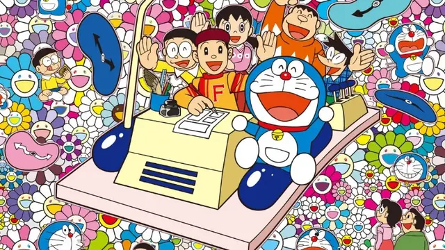 Salah satu gambar Doraemon yang ikonik, di mana bersama Nobita, Shisuka, Giant, dan Suneo tengah berada di mesin waktu. (Foto: klook.com)