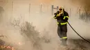 Petugas memadamkan api yang melanda kawasan Somerset West dekat Cape Town, Afrika Selatan, Rabu (4/1). Kebakaran tersebut telah menghancurkan sebagian wilayah perkebunan tertua di Afsel. (AP Photo / Stefan Smuts)