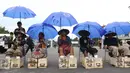 Sejumlah Petani Kendeng, Pati menyemen kakinya di depan Istana Negara, Jakarta, Selasa (14 /3). Mereka menolak Izin Lingkungan Kegiatan Penambangan dan Pembangunan Pabrik Semen PT Semen Indonesia di Kabupaten Rembang. (Liputan6.com/Helmi Afandi)