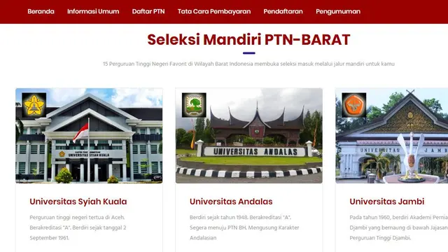Laman resmi Seleksi Mandiri Masuk Perguruan Tinggi Negeri Wilayah Barat atau SMMPTN Barat 2019