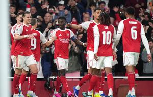 Selebrasi Bukayo Saka dkk. dalam laga Arsenal vs Atletico Madrid di leg kedua semifinal Liga Champions 2025/2026, Rabu (6/5/2026). (AP Photo/Alastair Grant)