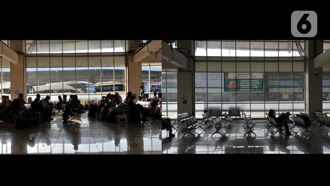 Foto kombo yang menunjukkan aktivitas pemudik pada H-8 Idul Fitri tahun lalu di Terminal Pulo Gebang, Jakarta, Selasa (28/5/2019) dan suasana sepi arus mudik akibat pandemi virus corona COVID-19 di Terminal Pulo Gebang, Minggu (17/5/2020). (merdeka.com/Iqbal S. Nugroho)