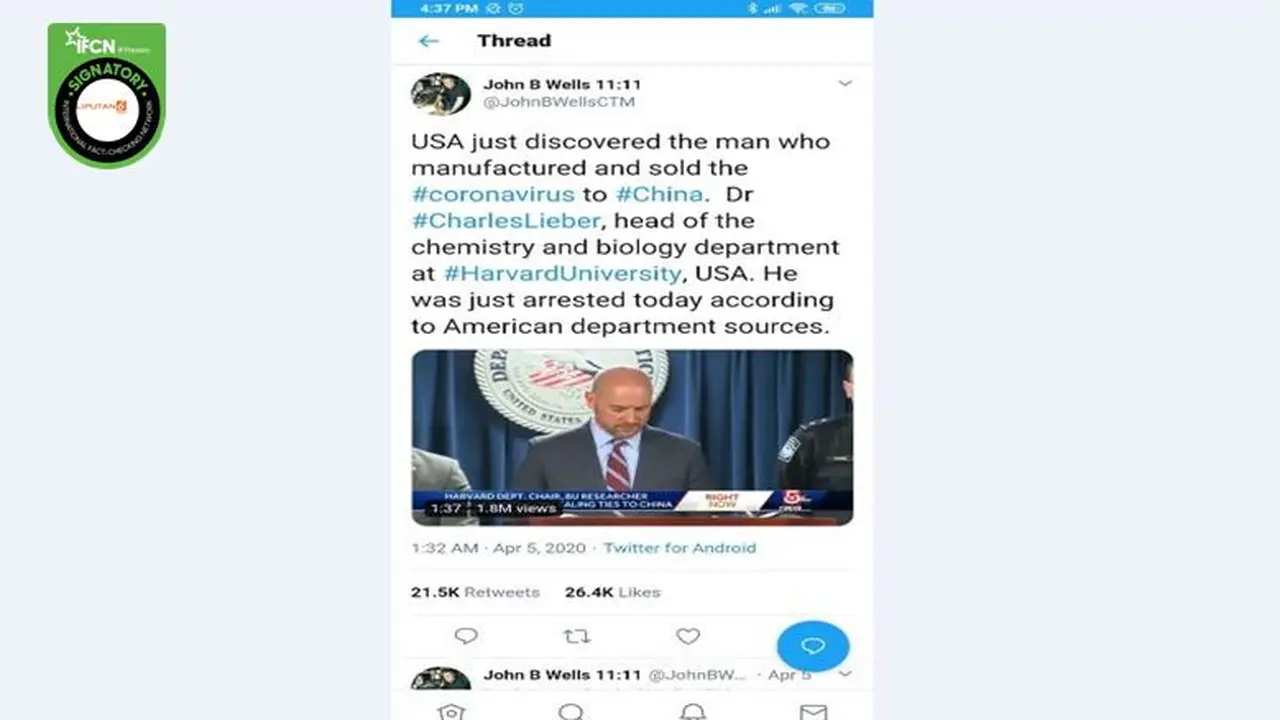 Gambar Tangkapan Layar Kabar Hoaks Tentang Penangkapan Ilmuwan Asal Harvard University