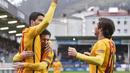 10. Penyerang Barcelona, Luis Suarez, merayakan gol yang dicetaknya ke gawang Eibar pada laga La Liga Spanyol di Stadion Ipurua, Minggu (6/3/2016). Eibar takluk 0-4 dari Barcelona. (AFP/Ander Gillenea)