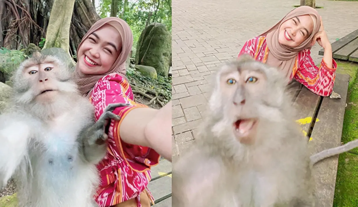 Selebriti lain yang pernah berfoto selfie dengan monyet adalah Ria Ricis. Foto yang ia ambil sebelum menikah dengan Teuku Ryan itu pun bikin netizen ngakak. Menariknya, wajah ibu satu anak itu tampak tidak menunjukkan rasa takut. Keceriaan Ricis sepertinya menular ke hewan primata tersebut. (Liputan6.com/IG/@riaricis1795)