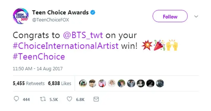 BTS meraih kemenangan di ajang Internasional, Teen Choice Awards. (Twitter/TeenChoiceFOX)