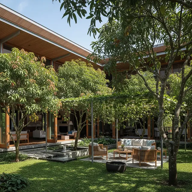 Desain Rumah Sejuk dengan Kebun Buah Campuran dan Area Santai (Gemini AI)
