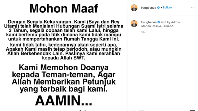 Pablo Benua ingin cerai dengan Rey Utami