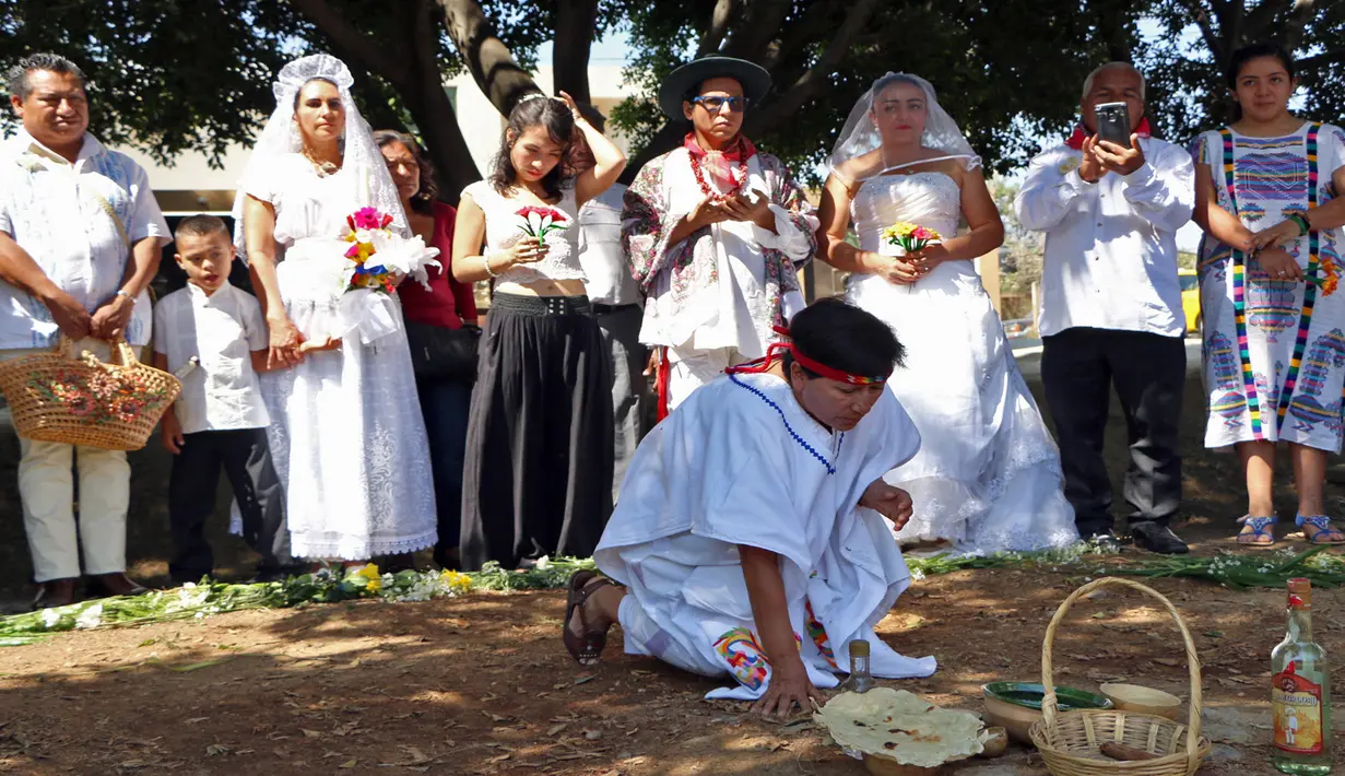 Sekelompok aktivis lingkungan mengadakan upacara tradisional dalam sebuah acara yang disebut "Menikah dengan Pohon" di San Jacinto Amilpas, Oaxaca, Meksiko (25/2). (AFP FOTO/PATRIKIA CASTELLANOS)