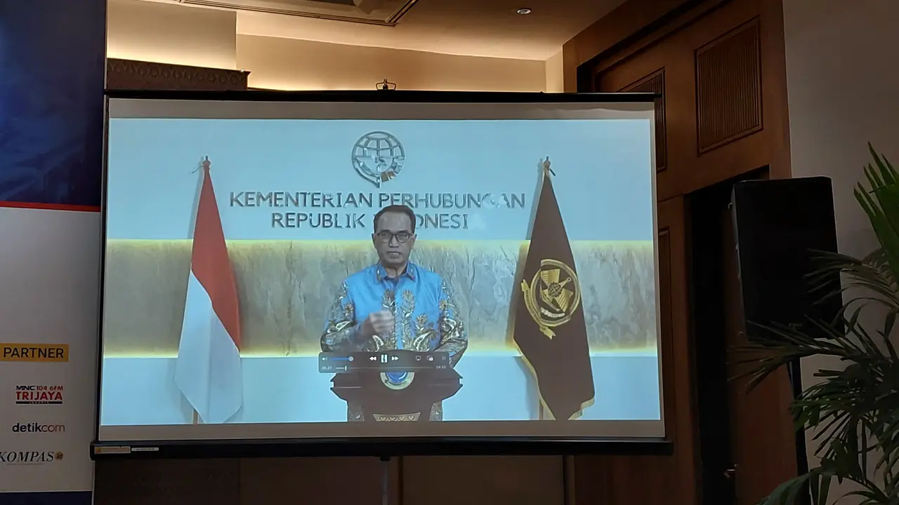 Menteri Perhubungan Budi Karya Sumadi di Konferensi Pers ITS APF 2024, di Jakarta Convention Center, Selasa (21/5/2024). (Arief/Liputan6.com)