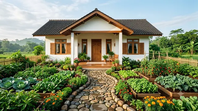 Inspirasi Rumah Desa dengan Kebun Sayur Mengelilingi Halaman. Gemini