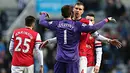 Kiper Wojciech Szczesny merangkul Per Mertesacker di pluit akhir merayakan kemenangan pada pertandingan sepak bola Liga Inggris antara Newcastle United vs Arsenal di St James 'Park, Inggris, (29/12/13). (AFP/Ian Macnicol)