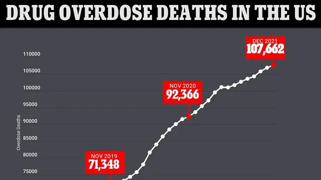 Grafik di atas menunjukkan angka tahunan kumulatif untuk jumlah kematian akibat overdosis obat yang dilaporkan di AS per bulan.