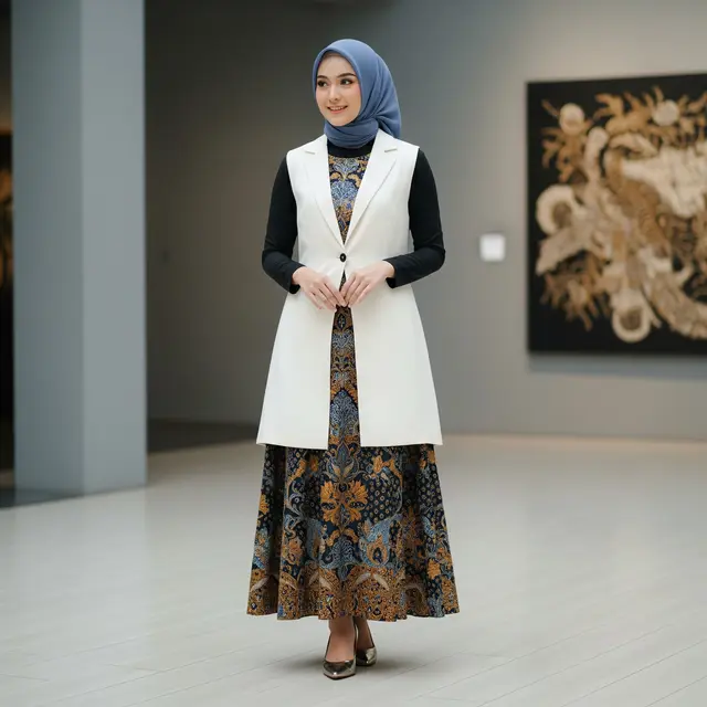 Tren Gamis Batik Hijab dengan Outer Rompi