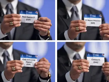 Jumat 11 April 2014, markas UEFA di Nyon, Swiss menjadi saksi Undian laga semifinal LIga Champions 2014 (AFP PHOTO/FABRICE COFFRINI)