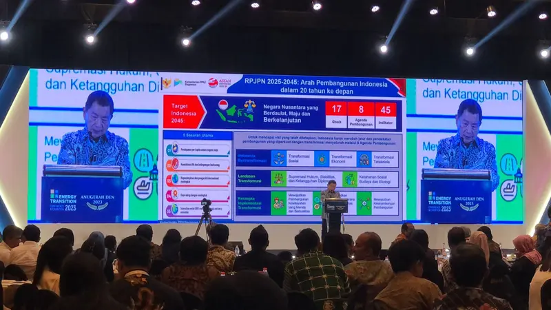 Menteri PPN/Kepala Bappenas, Suharso Monoarfa di acara Energy Transitions Conference & Exhibitions, di Hotel Bidakara, Jakarta, Rabu (18/10/2023). (Tira/Liputan6.com)
