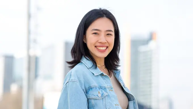 baju denim cantik bahagia santai