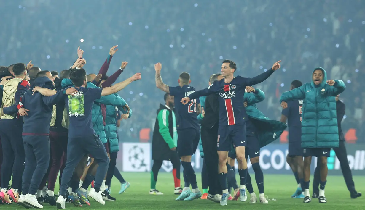 Sukses menumbangkan Arsenal dengan skor 2-1 atau agregat 3-1, PSG melaju ke final Liga Champions 2024/2025. (Thomas SAMSON/AFP)