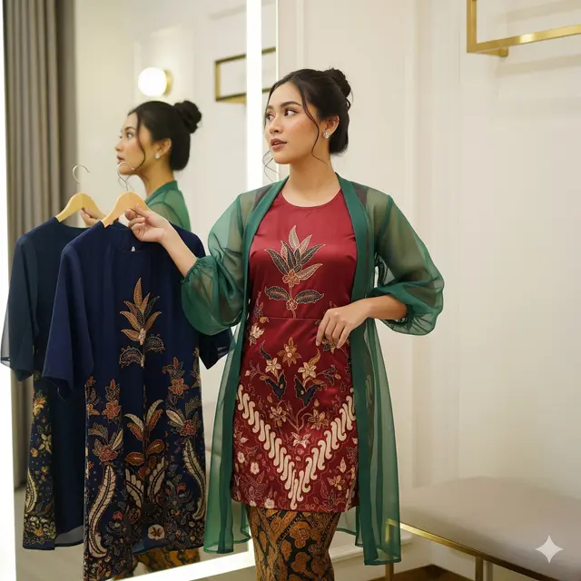 Tunik Satin Motif Parang & Outer Organza Balon