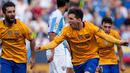 Ekspresi Lionel Messi setelah mencetak gol kedua Barcelona ke gawang Malaga dalam lanjutan La Liga Spanyol di Stadion La Rosaleda, Malaga, Sabtu (23/1/2016). (AFP/Jorge Guerrero)