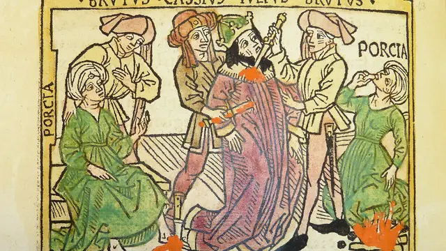 Ilustrasi ukiran kayu Porcia Catonis yang menasihati Marcus Junius Brutus