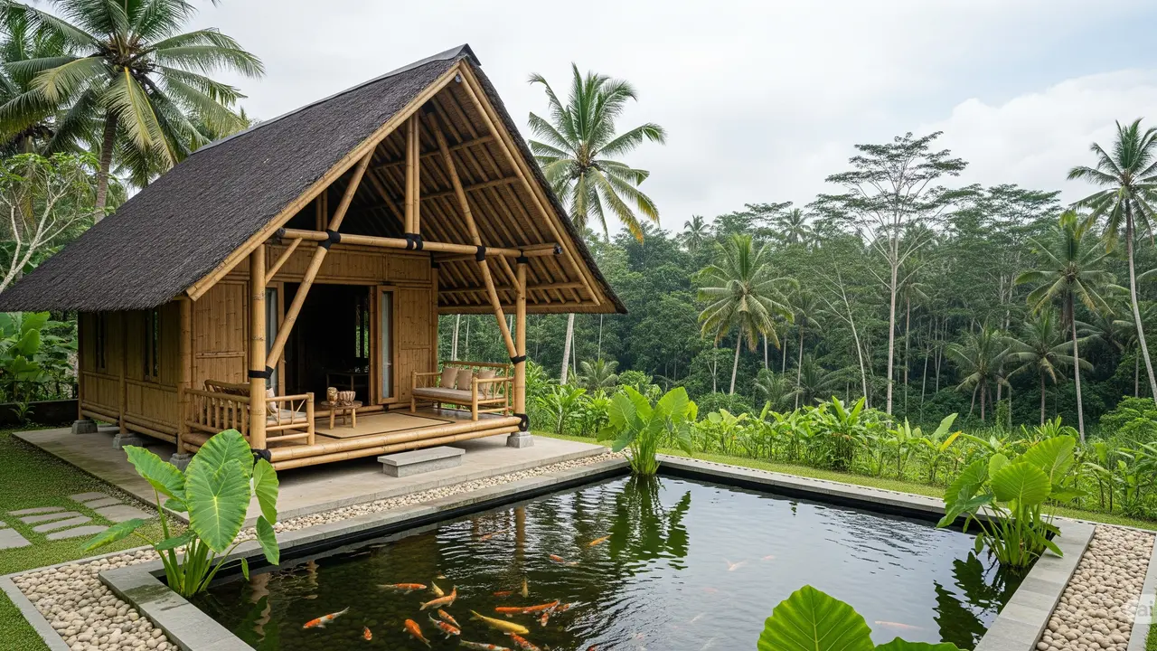 Model Rumah Bambu Gaya Bali Dengan Kolam Ikan/Ilustrasi gambar AI
