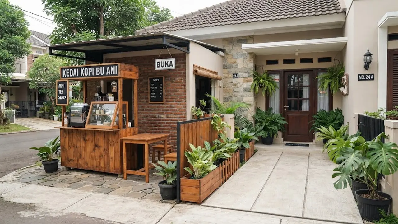 Teras dengan Area Usaha dan Pintu Rumah Terpisah