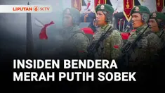 Bendera Merah Putih berukuran raksasa sobek saat dikibarkan di Monumen Nasional dalam gladi bersih HUT ke-80 TNI.
